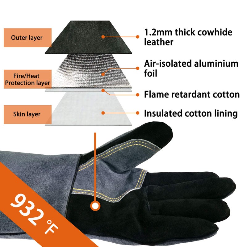 WZQH 16 Inches,932â„‰,Leather Welding Gloves, Heat/Fire Resistant,Large Mitts for BBQ,Oven,Grill,Fireplace,Tig,Mig,Forge,Baking,Furnace,Stove,Pot Holder,Animal Handling Glove.L Black-gray - Image 2